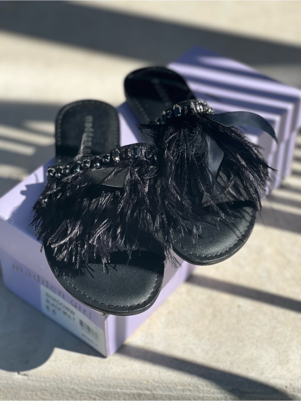 Madden Girl Black Feather Slide Sandals with Bead Trim